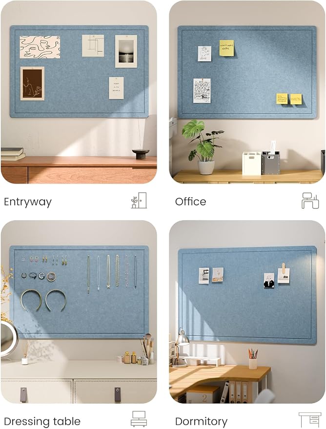 Fluxynara 35.4" x 23.6" Bulletin Board, Dusty Blue | Cork Board Alternative with 12 Removable Adhesive Tabs, Foldable Felt Pin Board for Home, Office, Classroom & Dorm
