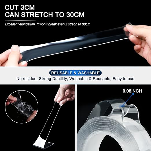 SANKEMU Double-Sided Tape Heavy Duty 9.84 FT x 1.18 in – Clear Removable Mounting Tape for Walls, Carpet, Rugs, Posters – Reusable, No-Residue, Indoor/Outdoor Nano Gel Grip