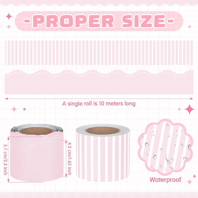 2 Rolls 65.6ft Light Pink Striped Bulletin Board Borders Decoration Scalloped and Straight Edge Pink Bulletin Borders Board Trim for Office School Classroom Chalkboard Party Decoration