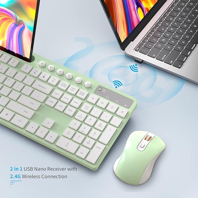 Wireless Keyboard and Mouse Combo, MARVO 2.4G Ergonomic Wireless Computer Keyboard with Phone Tablet Holder, Silent Mouse with 6 Button, Compatible with MacBook, Windows (Green)