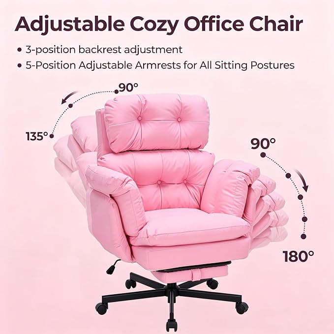 Criss Cross Office Chair with Foot Rest, Big and Tall Office Desk Chair with Flip Armrests for Pets & Cross Legged Sitting, Comfy Executive Ergonomic Reclining Computer Gaming Vanity Chair, Pink