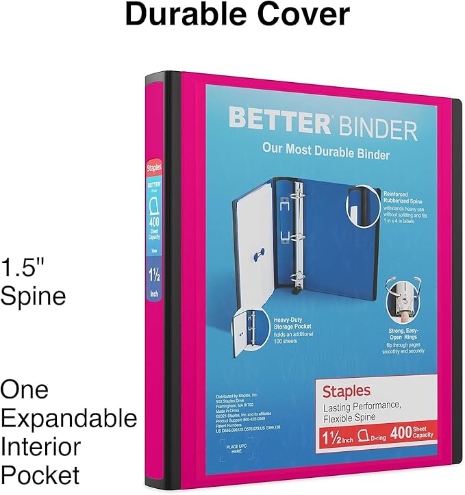 Staples Better 1.5-Inch 3-Ring Binder, Pink – Heavy-Duty Binder for School & Office Organization