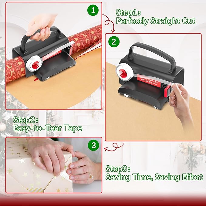 2-Pack Wrapping Paper Cutter & Tape Dispenser, Make Cutting Easily Safely and Efficient, Straight Sliding Tool for Christmas Gift, with 4 Tapes, 2 Replace Blades Kit, Black and Red