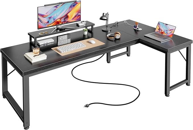 53" L Shaped Computer Desk, Power Outlets, Monitor Stand, Black | USB-C Ports, Reversible Charging Station, Spacious Desktop & Legroom, 0.94 Inch Thick Desktop, for Gaming, Study & Work
