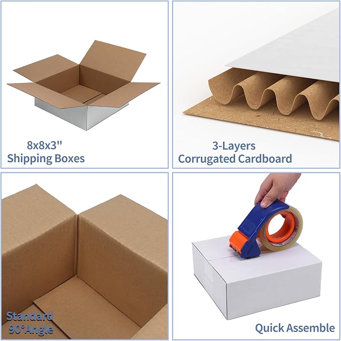 Hoikwo 8x8x3 Shipping Boxes Set of 25, White Corrugated Cardboard Box for Small Business for Packaging Mailing
