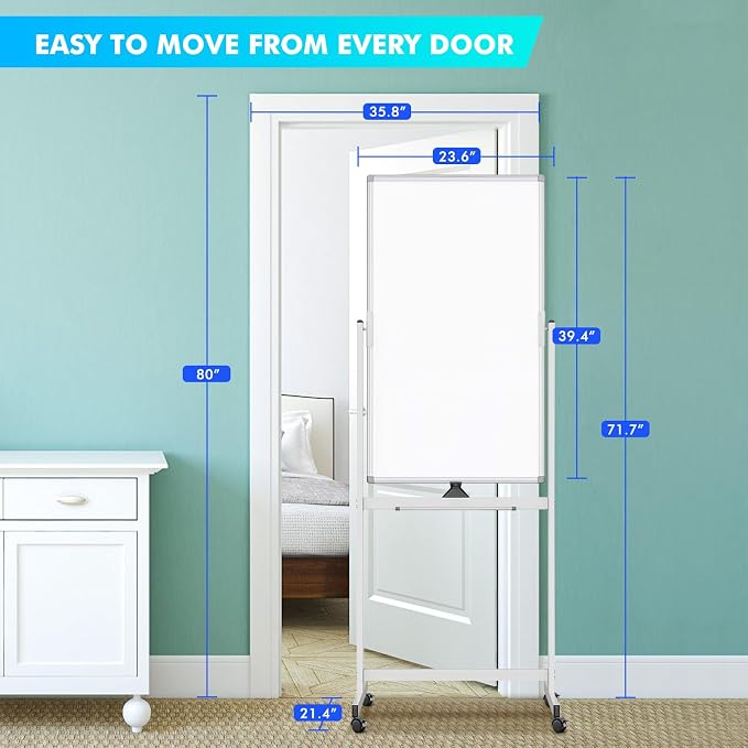 Rolling Whiteboard on Wheels 40" x 24" Aluminum Frame | Magnetic Mobile White Board, Double Sided Dry Erase Easel with Stand. Ideal for Home School, Office and Classroom
