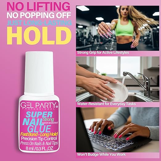 GELPARTY Super Strong Brush On Nail Glue for Press On Nails & Tips - Quick Dry Clear Acrylic Nail Adhesive (8ml) - Long Lasting Salon Bond for Fake Nails & Broken Nail Repair - Mess-Free Application