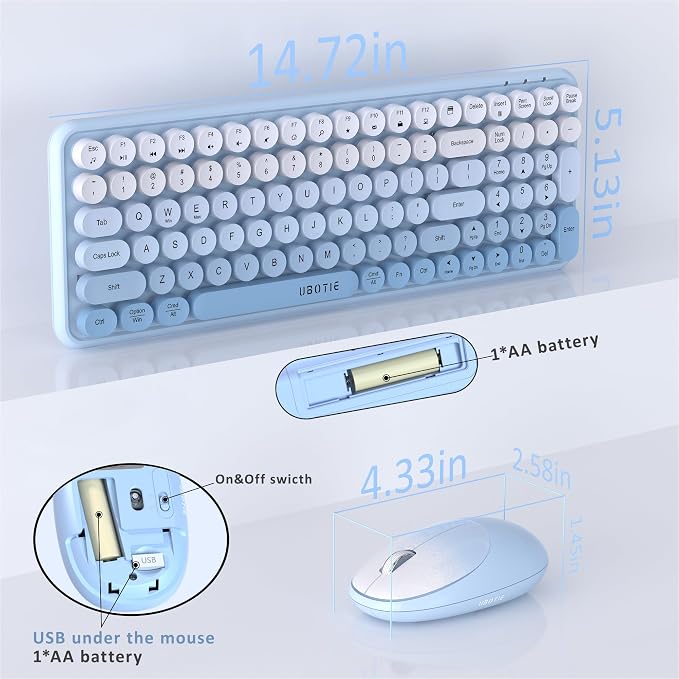 UBOTIE Wireless Keyboards and Mouse Combo (Blue Gradient) | Colorful Gradient Rainbow Color Retro Typewriter Flexible Keyboard, 2.4GHz Connection and Optical Mouse for PC Wins Mac