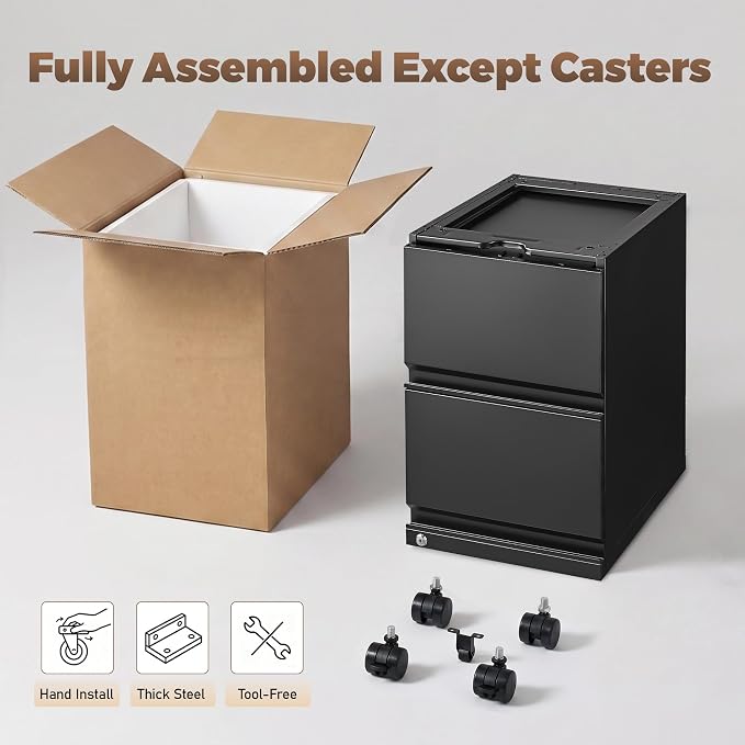 Approgreent 2 Drawer Metal File Cabinet, Fully Assembled Locking Filing Cabinet with Anti-Tipping Wheels, Quiet Slide, Heavy-Duty Steel Construction, Fits A4 Letter Legal for Home Office, Matte Black