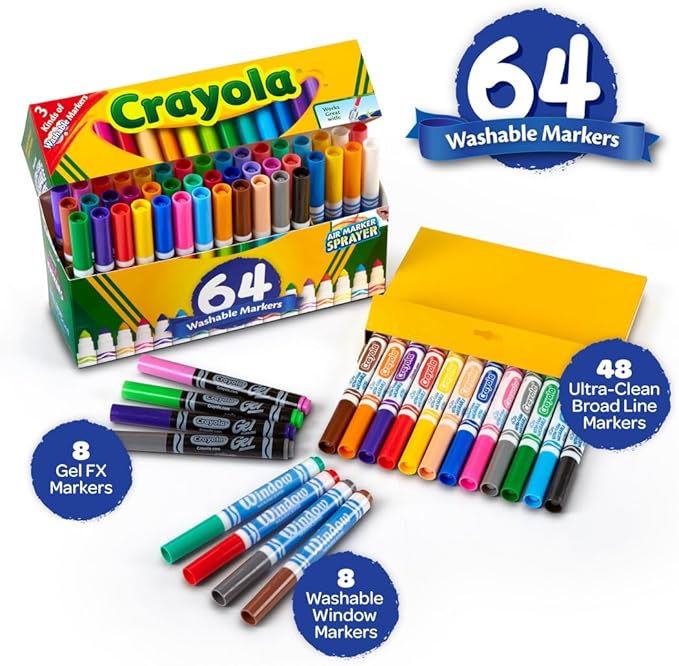 Crayola Washable Broad Line Marker Variety Set (64ct), Easter Basket Essentials, Toddlers & Kids, Ultra-Clean, Window, & Gel FX Markers for Kids, 3+