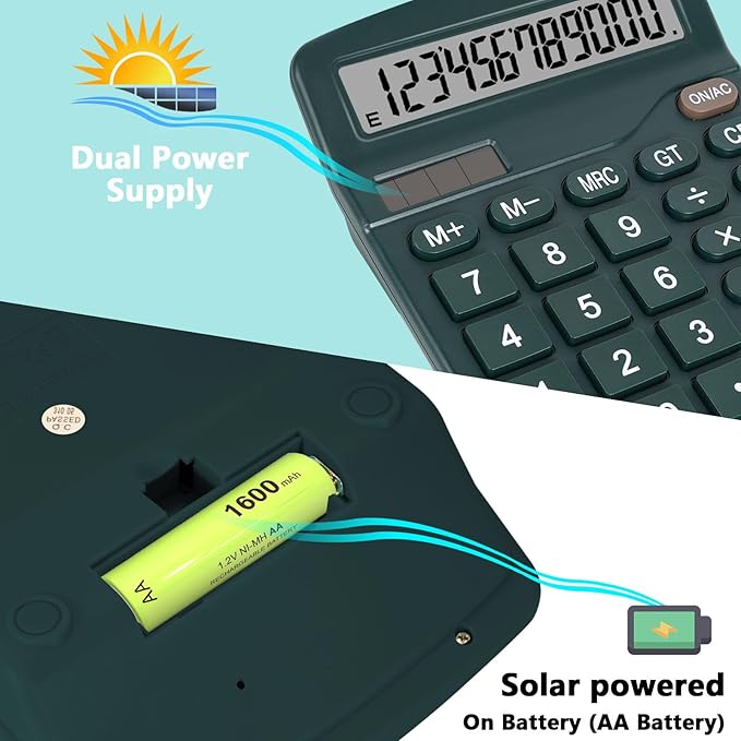 Dark Green Desktop Calculator with Big Buttons, Dual Power Source, Solar and Battery, Large Display Screen - Perfect for Office, Teachers, and Students (Dark Green)