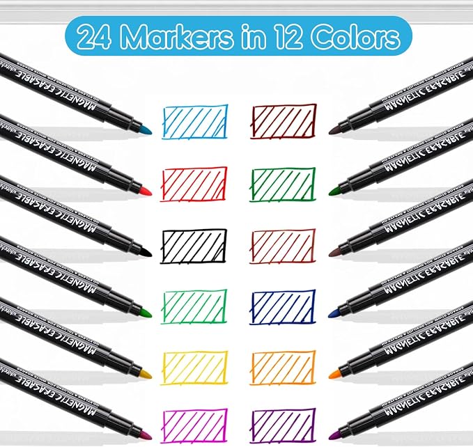 EMART Dry Erase Markers Fine Tip 24 Count Magnetic White Board Markers | 1-2mm Thin Whiteboard Pens with Eraser Cap Low Odor for School, Classroom, Office, Home, Teacher Must Haves