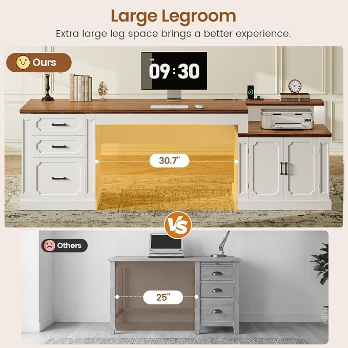 SEDETA Farmhouse 70.9" Executive Desk, Home Office Desk with File Drawers and Storage Cabinet, Computer Desk with Power Outlet for Home Office, Work Study Writing, White+Brown