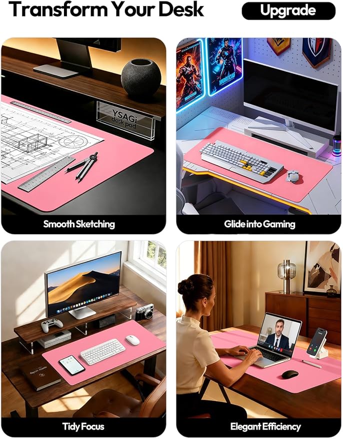 YSAGi Leather Desk Pad Protector, Office Desk Mat, Large Mouse Pad, Non-Slip PU Leather Desk Blotter, Laptop Desk Pad, Waterproof Desk Writing Pad for Office and Home (Pink, 47" x 17")