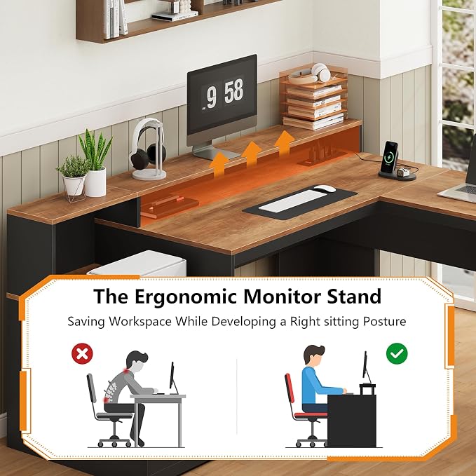 63" Farmhouse L Shaped Desk with Drawers & Printer Shelf for Home Office | Corner Computer Desk with Storage, Power Outlets, L Shaped Office Desk with Monitor Stand, Printer Shelf, Brown & Black
