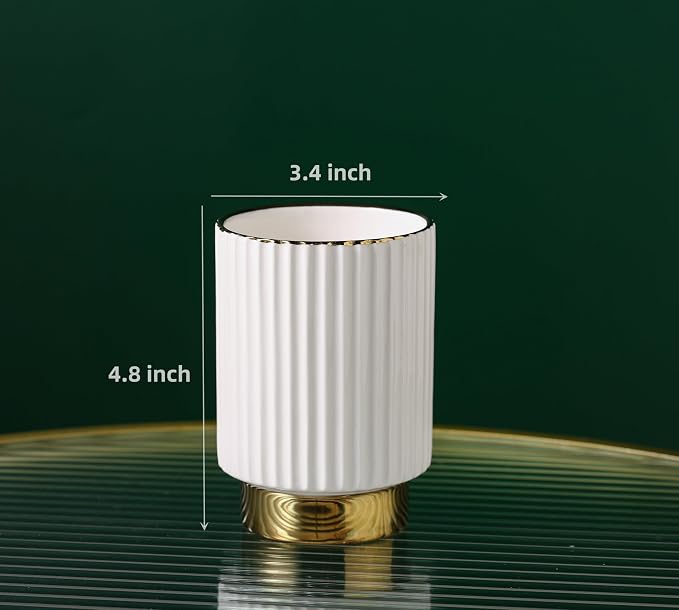 Makeup Brush holder Organizer,Glass Cosmetic Makeup Brush Cup Ceramics Brushes Storage Holder,White and Gold Modern Make Up Brush Cup Pen Pencil Holder Striped Vase
