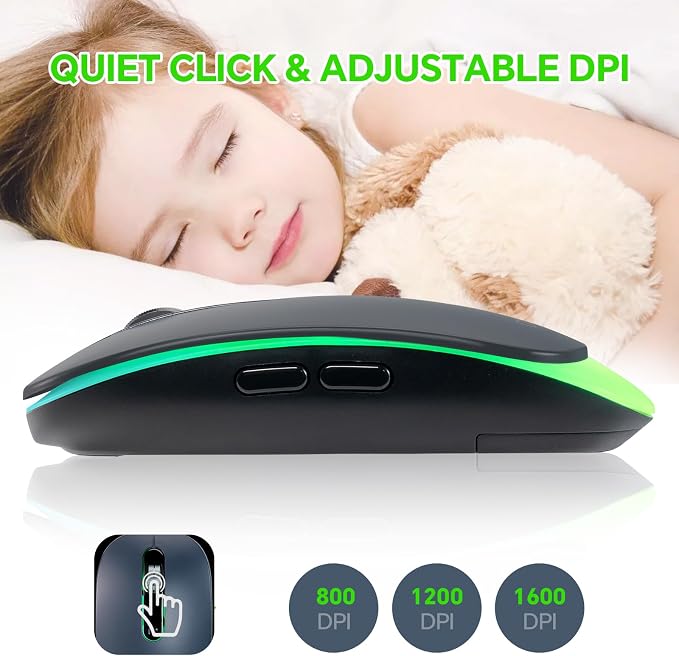 Wireless LED Mouse Rechargeable 2.4GHz/Bluetooth Multi Connect Method Silent Slim with Big Exchangeable Battery 1600DPi USB compatible with Mac Windows for PC laptop office with C-adapter cord manual