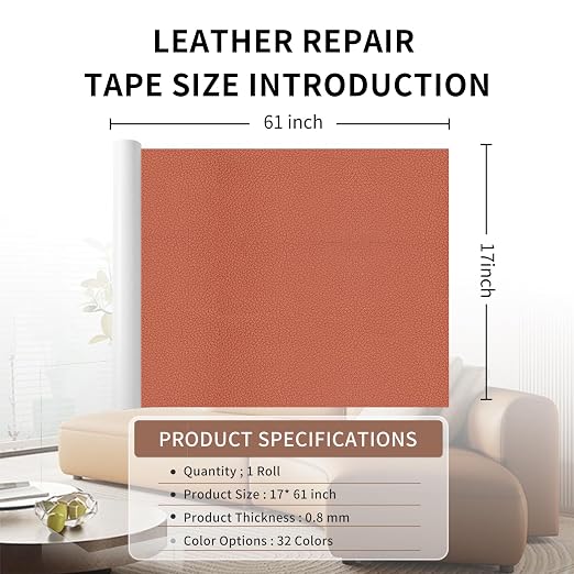 Leather Repair Patch Tape, Orange 17 x 61 Inches Self Adhesive Leather Repair Kit for Furniture, Car Seat,Vinyl Leather Repair Kit for Office Chairs, Bags, Luggage