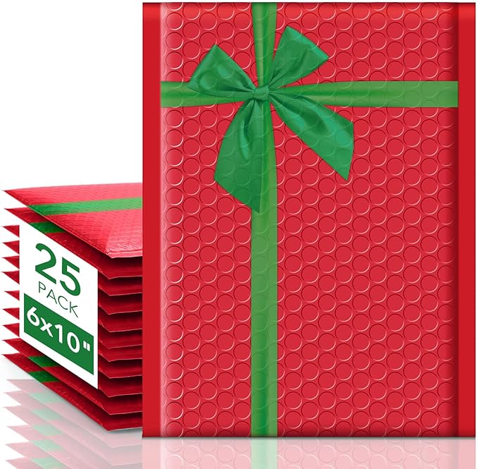 Fuxury Bubble Mailers 6x10" Christmas Padded Envelopes 25 Pack Usable Size 6x9" Thick Mailing Envelopes Bubble Opaque Padded Mailers Shipping Bags for Mailing Jewelry Makeup Small Business #0 Red