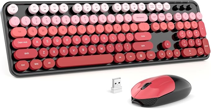 MOFII Wireless Keyboard and Mouse Combo, 2.4GHz Retro Typewriter Keyboard Full Size, Cute Wireless Mice, USB Dongle Plug and Play, for Laptop, PC, Desktop, Windows (Black Red Gradient Color)
