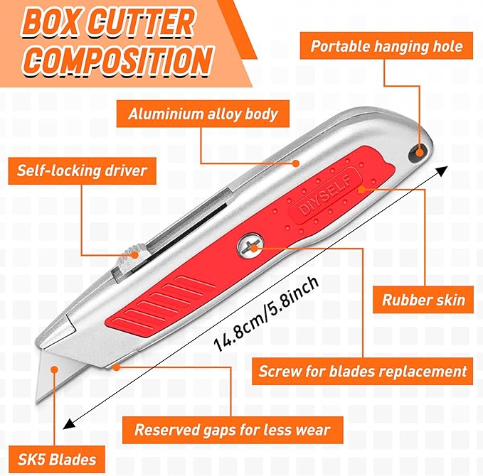 DIYSELF 2-Pack Box Cutters, Utility Knife with SK5 Blades, Portable Box Opener, Box Cutter Retractable for Office, Warehouse, Home, Ergonomic Razor Knife, Exacto Knife (Red)
