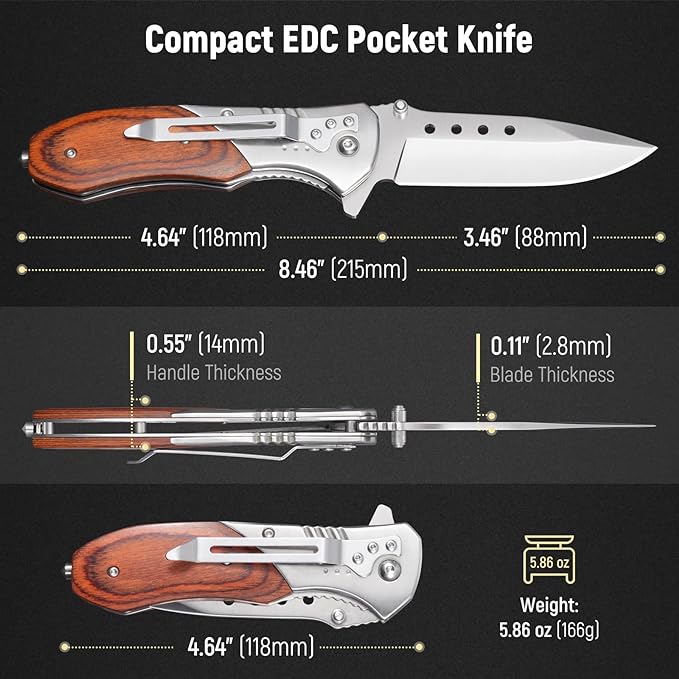 Pocket Knife for Men - Sharp Blade Wood Handle Pocket Folding Knives with Clip, Glass Breaker - EDC Knives for Survival Camping Hunting Fishing Hiking Women, Large, Silver