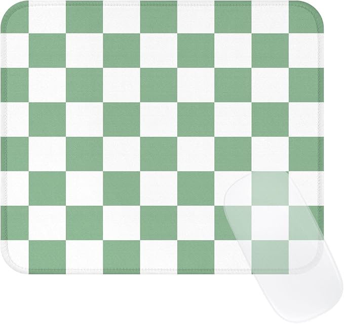 Square Cute Checkered Mouse Pad with Stitched Edge, Premium Waterproof Cloth Aesthetic Small Plaid Mouse Mat, Non-Slip Rubber Base Funny Mousepad Desk Accessories,Checkerd Green White