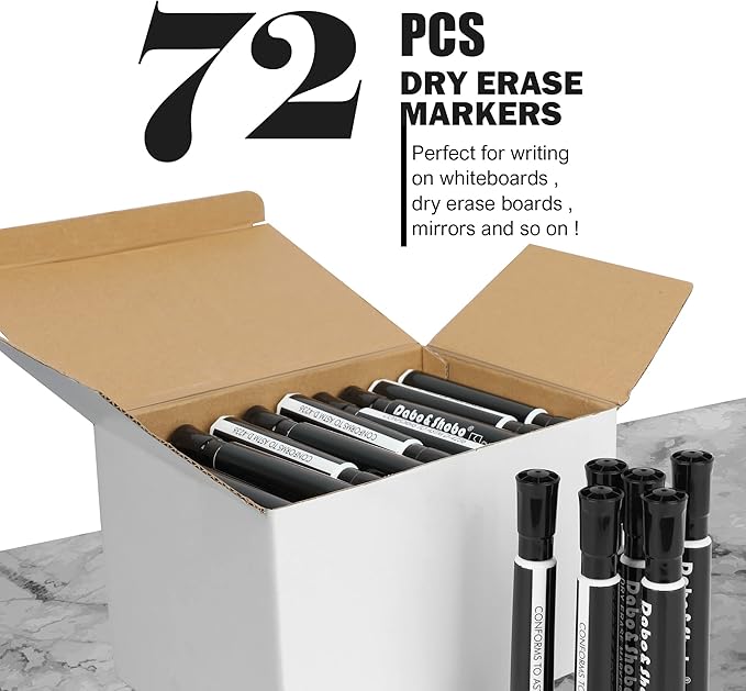 Dabo&Shobo Dry Erase Markers, Bulk Pack Of 72 Count, Low Odor Ink, Chisel Tip, Black Whiteboard Markers Perfect For Writing on Whiteboard, Mirror, Glass Office