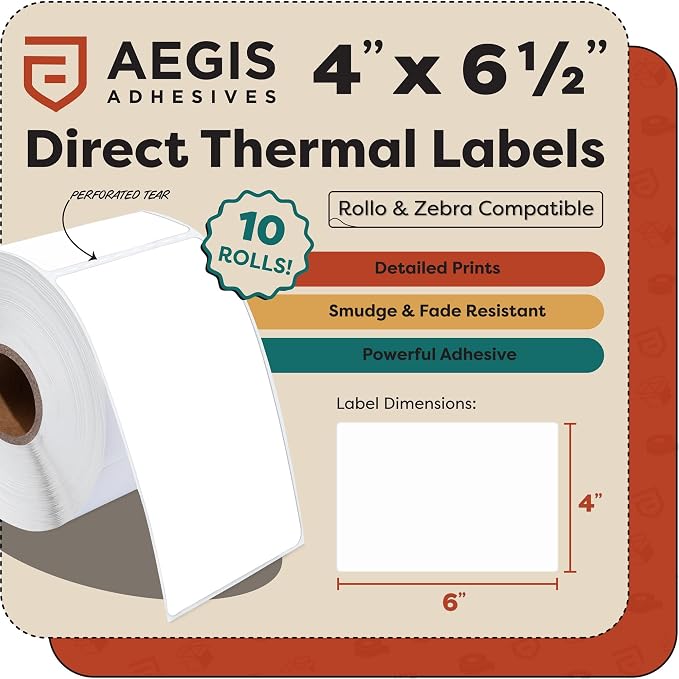 4" X 6.5" Direct Thermal Labels (2000 Count, 10 Rolls) - Extended | Postage Shipping Labels and Barcode Stickers - 1" Core Compatible With Zebra and Rollo Printers - Aegis Adhesives