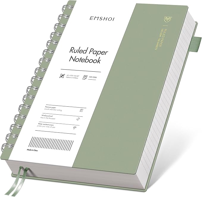 EMSHOI Lined Spiral Journal Notebook, 300 Pages, A5 Size (5.7'' x 8.2'') | College Ruled, 100 GSM Thick Paper, Flexible Plastic Cover, for School, Writing, Work, Office & Journaling (Light Green)