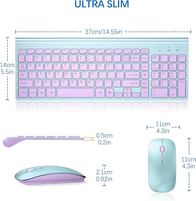 Wireless Keyboard and Mouse Ultra Slim Combo, TopMate - Blue Purple | 2.4G Silent Compact 2400DPI Mouse and Scissor Switch Keyboard Set with Cover, Batteries Included, for PC/Laptop/Windows/Mac