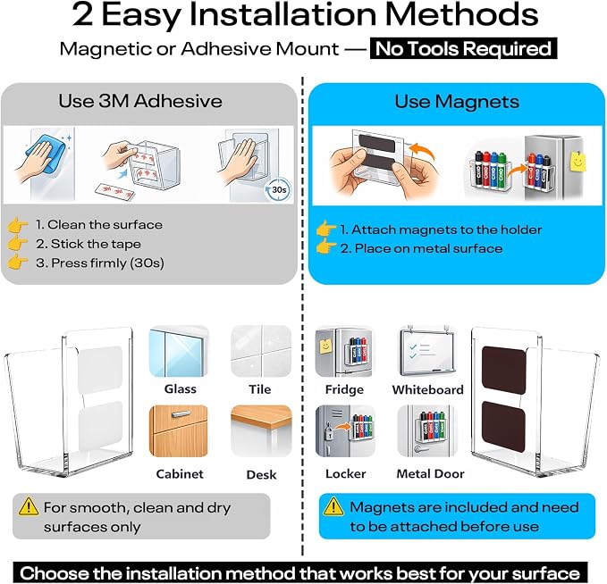 Acrylic Whiteboard Marker Holder, Magnetic or Adhesive Mount Marker Organizer for Fridge, Classroom and Office, Clear Dry Erase Marker Storage, Holds 8+ Markers