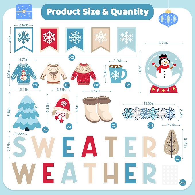95Pcs Winter Bulletin Board Decoration Set Christmas Sweater Weather Classroom Decoration Kit Snowmen Snowflake Border DIY Photo for Home School Office Wall Door (Sweater)
