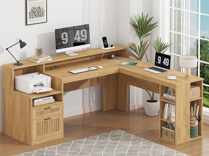 63" Fluted L Shaped Desk with Drawers & Storage Shelves for Home Office | Corner Desk with Power Outlets & LED Lights, L-Shaped Office Desks with File Drawer, Printer Shelf, Monitor Stand, Oak