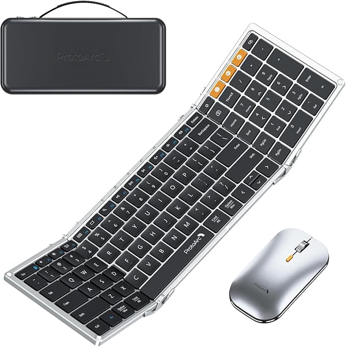 ProtoArc XKM01 Full-Size Foldable Keyboard Mouse for Travel - Black Silver | 105-key keyboard, slim mouse, hard case and phone stand; 3-device Bluetooth & 2.4G switching, for travel office use