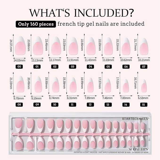 BTArtboxnails French Gel Nail Tips - French Tip Press on Nails Pink Medium Almond XCOATTIPS for Nail Extensions