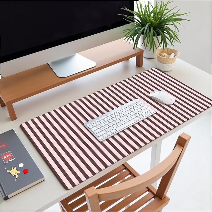 Dark Brown Pink Striped Desk Mat Cute Pastel XXL Large Gaming Mouse Pad Desk Pad Kawaii Cozy Aesthetic Keyboard Laptop Computer Mat Home Office Decor for Women