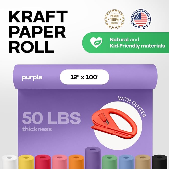 Purple Kraft Paper Roll 12" x 1200" (100 feet) with Cutter - USA-Made Wrapping Paper for Packing, Moving, Shipping & Crafts/Arts - 100% Recyclable Natural Craft Material by IDL Packaging | Wrapping Paper for Packing, Moving, Shipping & Crafts/Arts - 10...