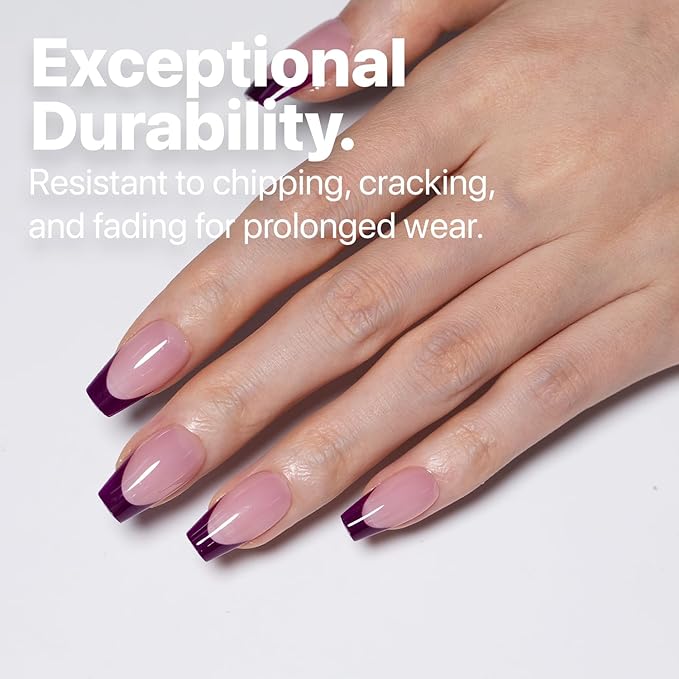 SXC Cosmetics French Tip Press On Nails 150 Pieces in 15 Sizes Ultra Fit with Pre-applied Tip Primer and Base Coat, No Need to File Fake Nails for Nail Art DIY X-Pro Tips (5PURPLE119-S Coffin)