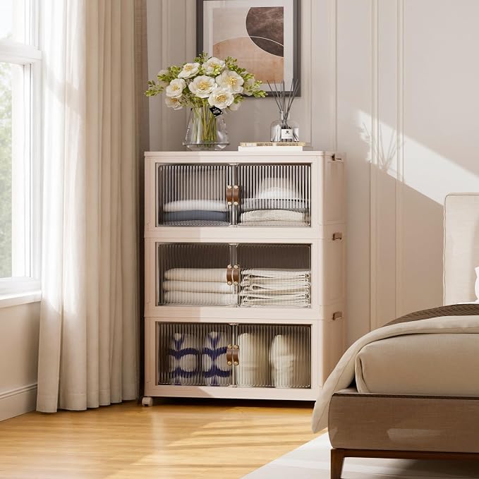SAILUN 381Qt Extra Large Stackable Storage Bins Folding Collapsible Storage Bins with a Lid, Closet Organizers and Storage Blush White 28" W x 17" D x 46" H | Stackable Storage Drawers with Lids,28" W x 17" D x 46" H,Featuring open-front Access for Clo...