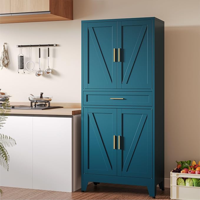 COFaR 71" Metal Pantry Cabinet with Drawer, Peacock Blue Storage Cabinet with Adjustable Shelves, 3-Section Modern Statement Cupboard for Kitchen & Bathroom
