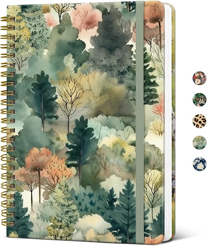 Taja Spiral Journal Notebook for Women, Pretty Hardcover Lined Notebook for Work & Note Taking, Aesthetic Cute Journal for Writing, 140 Pages, 5.8"x8.3", Misty Woods