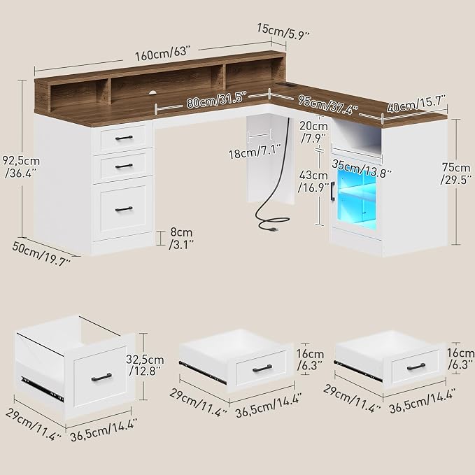 63" L Shaped Desk with Drawers, Corner Desk with File Cabinet | LED L Shaped Office Desk with Storage, Wooden L Shaped Executive Desk with Power Outlet & Monitor Stand, White and Walnut