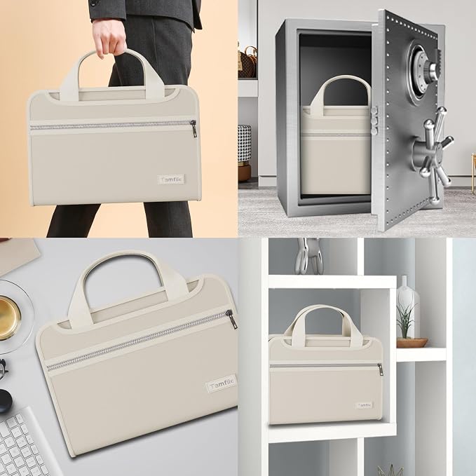 Tamfile Fireproof Accordion File Folder with Handle, Document Organizer | Expanding File Folder with 13 Pockets, Multiple Pockets, Water Resistant,Portable Travel Home Safe for A4 File,Travel,Beige