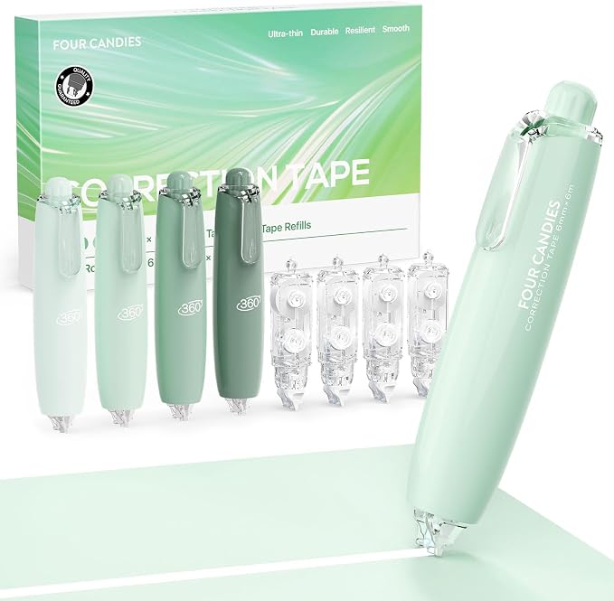 Four Candies Refillable Correction Tape, 4PCS White Tape with 4 Refills | Smooth White Pull-Out Tape for Instant Corrections, Easy to Use Applicator for Office, School Supplies (Green)