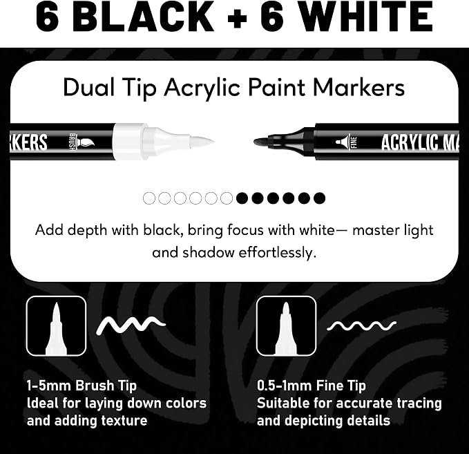 Pagather Black and White Acrylic Paint Markers, 12 Dual Tip with Fine Tip and Brush Tip Pens for Fabric, Stone, Wood, Canvas, Ceramic, Metal, Glass, Rock Painting, DIY Crafts