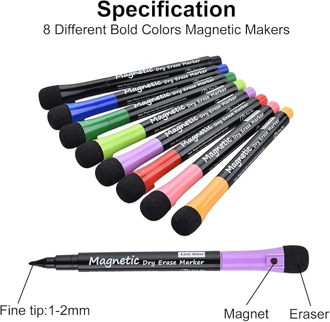 Magnetic Dry Erase Markers - Fine Tip, Assorted Colors, 8 Pack, Low Odor Whiteboard markers for kids, Work On White board & Calendar, Refrigerator, (OF038)