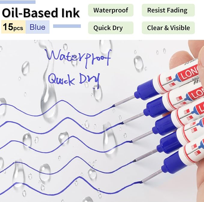 15 Pcs Long Nib Marker, 20 mm Long Head Deep Hole Marker Pens, Fine Nose Tip Deep Reach Permanent Paint Markers for Metal, Marking Pen for Drilling, Carpenter, Woodworking, Construction (Blue)