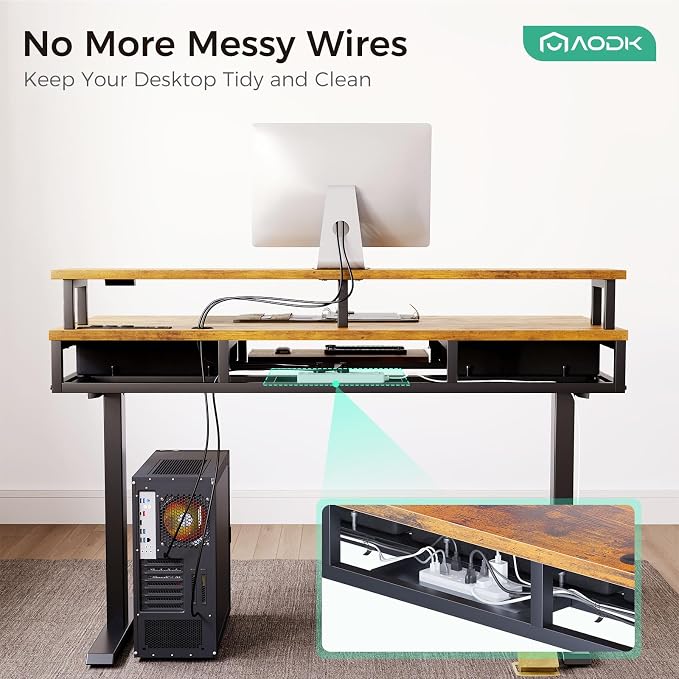 AODK 63 Inch Standing Desk with Drawers & Keyboard Tray, Rustic Brown | Power Outlet, LED Lights, Monitor Stand, Cable Management Tray, 3 Memory Heights, 29.9"-46.1" in Range