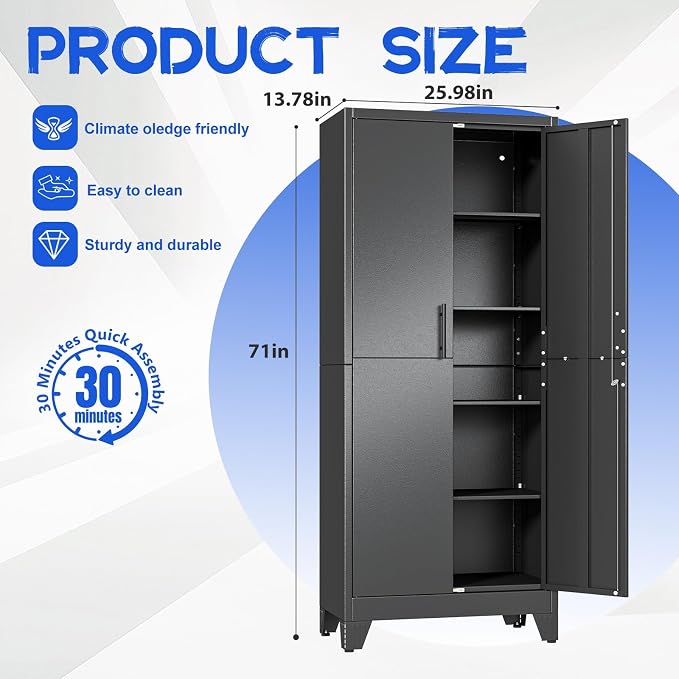 GAIOUS 71" Tall Metal Pantry Storage Cabinet with Lock, File Cabinet Black | 2 Doors Freestanding Steel Bookcase with Adjustable Shelves, Heavy Duty Lockable Office Cabinet, Garage Utility Organizer